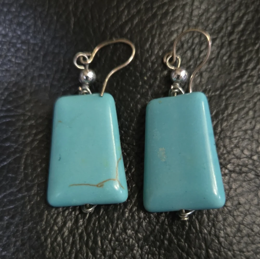 Turquoise natural large chunk hand wrapped sterling silver earrings - Picture 5 of 6